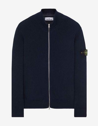 Stone Island Blue Zip Cardigan. Navy Blue cardigan knit in soft organic ribbed cotton. 12 gauge perceived as 7.