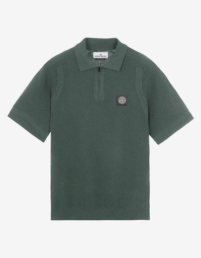 Stone Island Green Compass Logo Knitted Polo T-Shirt. Short-sleeve polo knit in soft organic cotton with micro stitches. 12 gauge.