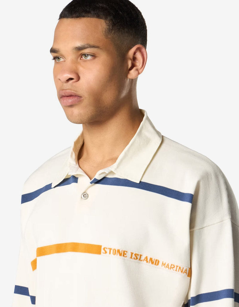 Stone Island Marina Ivory White Stripe LS Polo Shirt