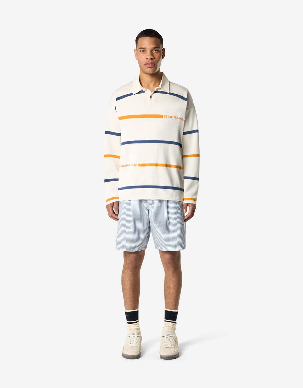 Stone Island Marina Ivory White Stripe LS Polo Shirt