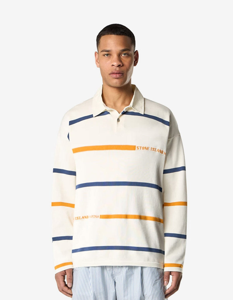 Stone Island Marina Ivory White Stripe LS Polo Shirt