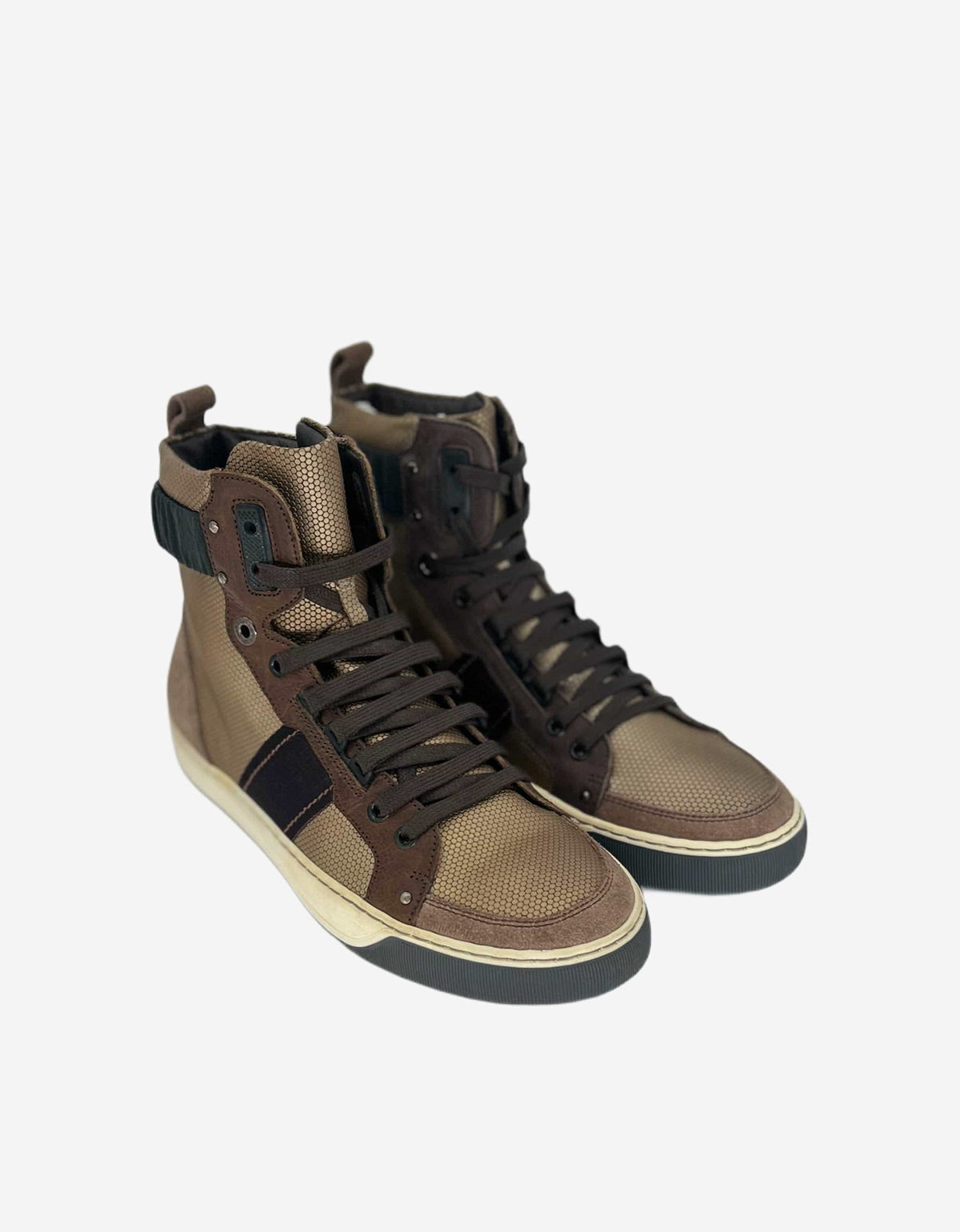 Lanvin Brown Multi Fabric Hi Top Trainers AM5MBH1VMM4A1 6439 KAKI
