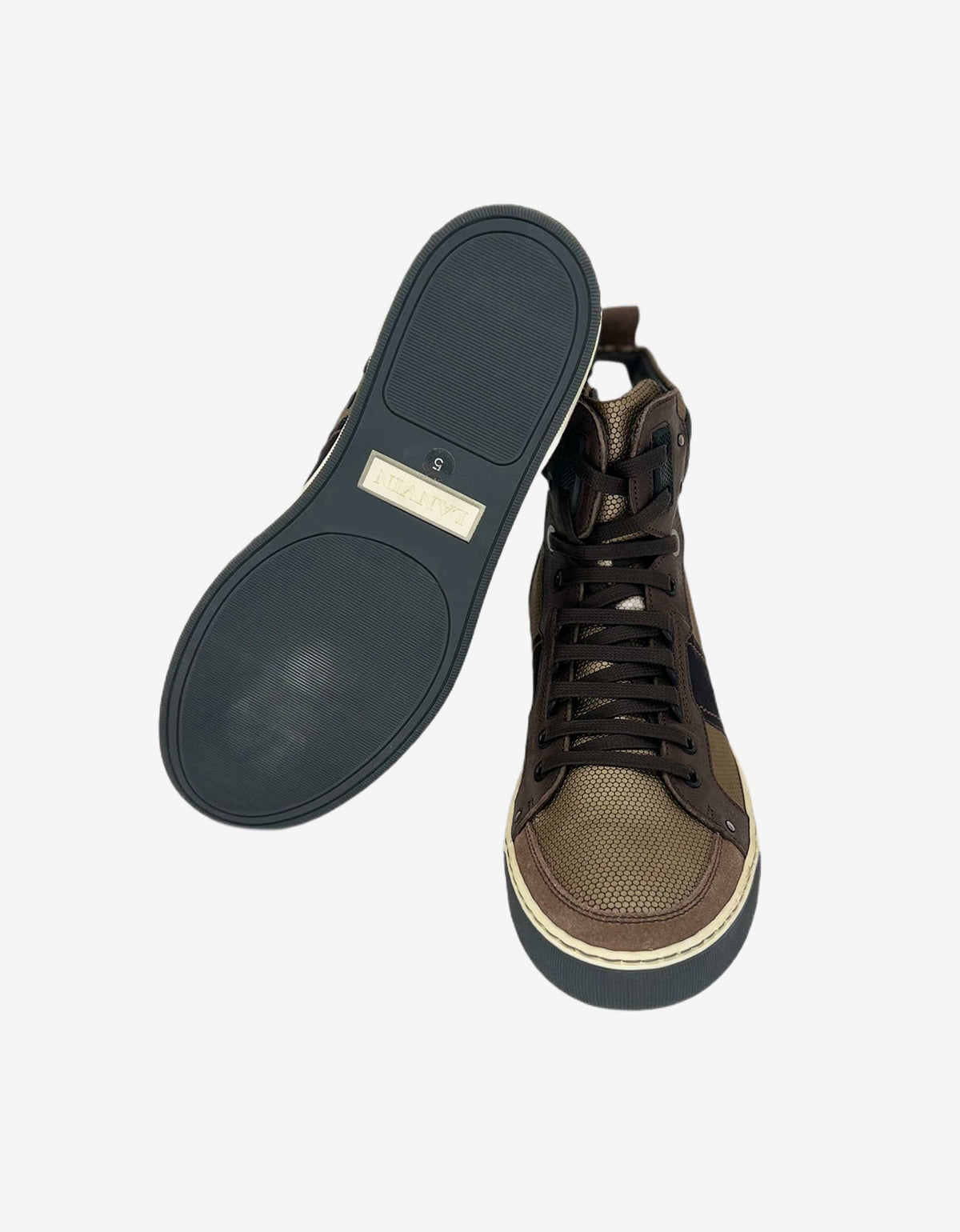 Lanvin Brown Multi Fabric Hi Top Trainers AM5MBH1VMM4A1 6439 KAKI