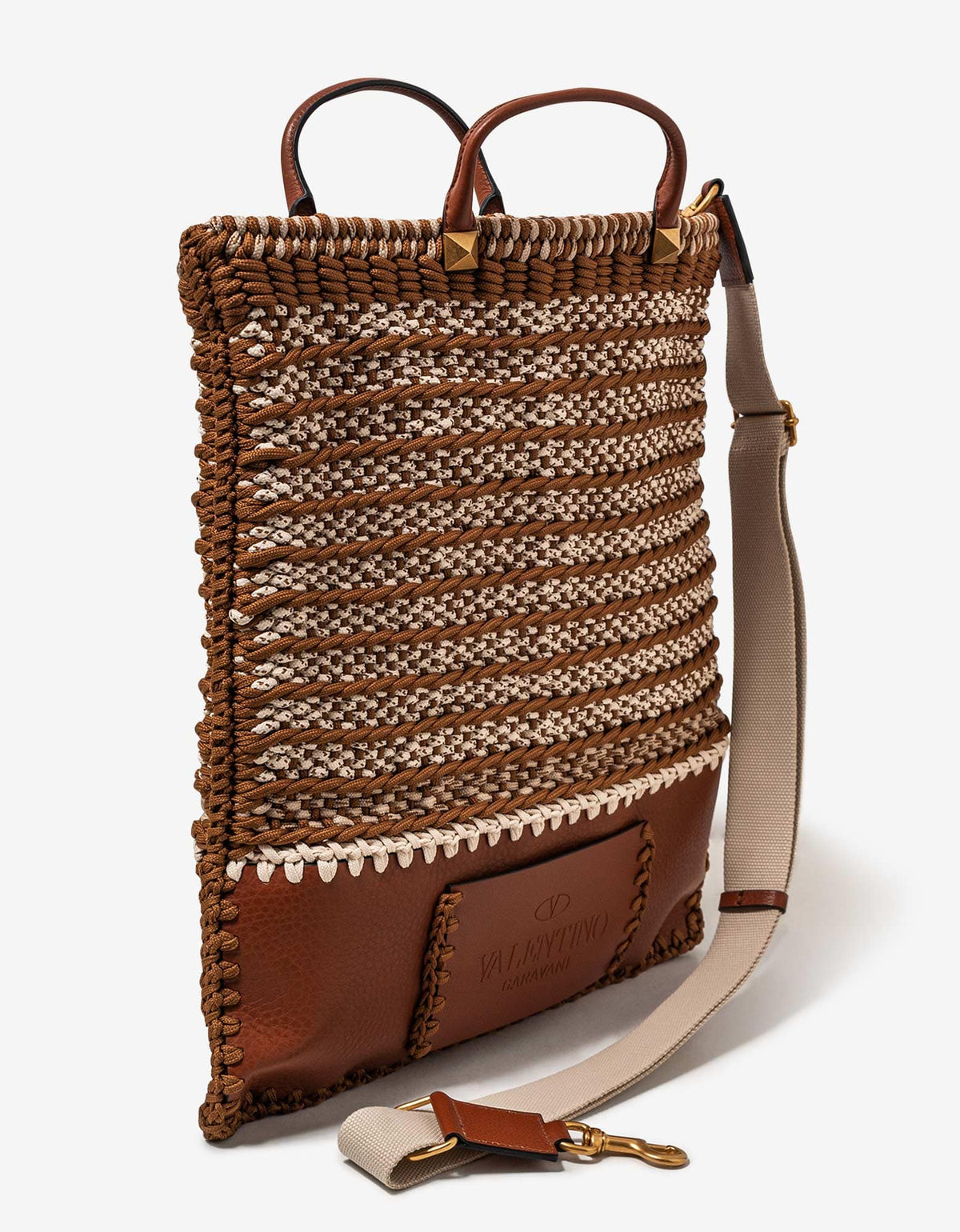 Valentino Garavani Brown Leather and Crochet Tote Bag