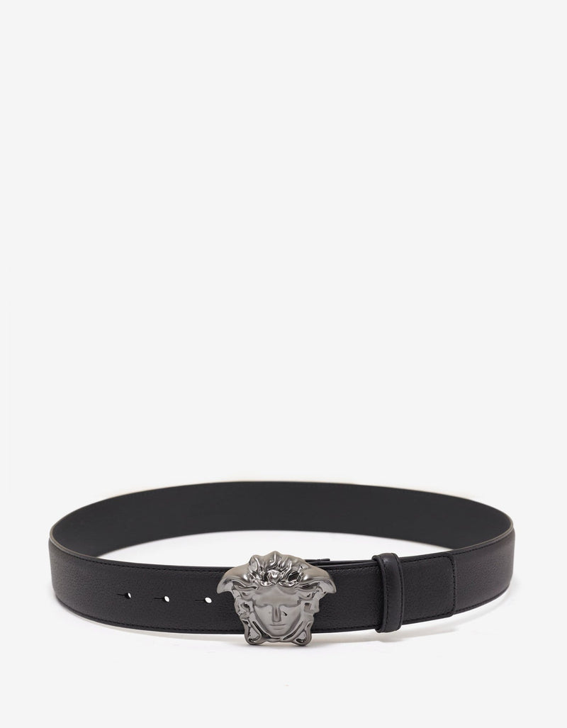 Versace Black Grain Leather Gunmetal Medusa Buckle Belt