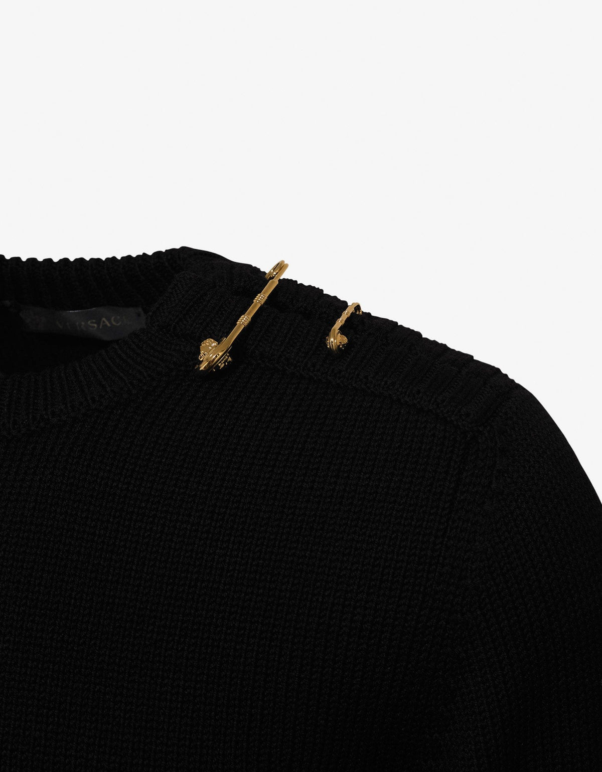 Versace Black Sweater with Gold Medusa Safety Pins