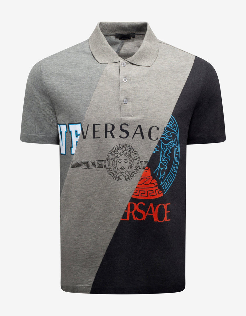 Versace Grey Patchwork Logo Polo T-Shirt