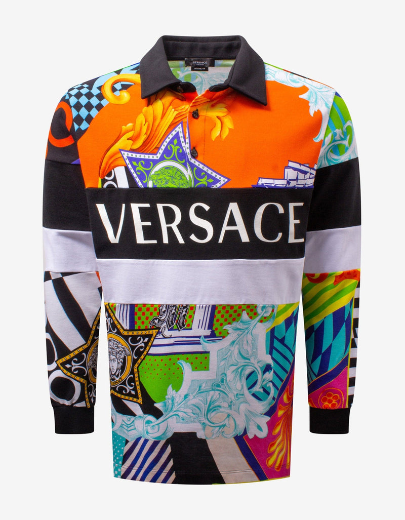 Versace Pop Temple Print Long Sleeve Polo T-Shirt