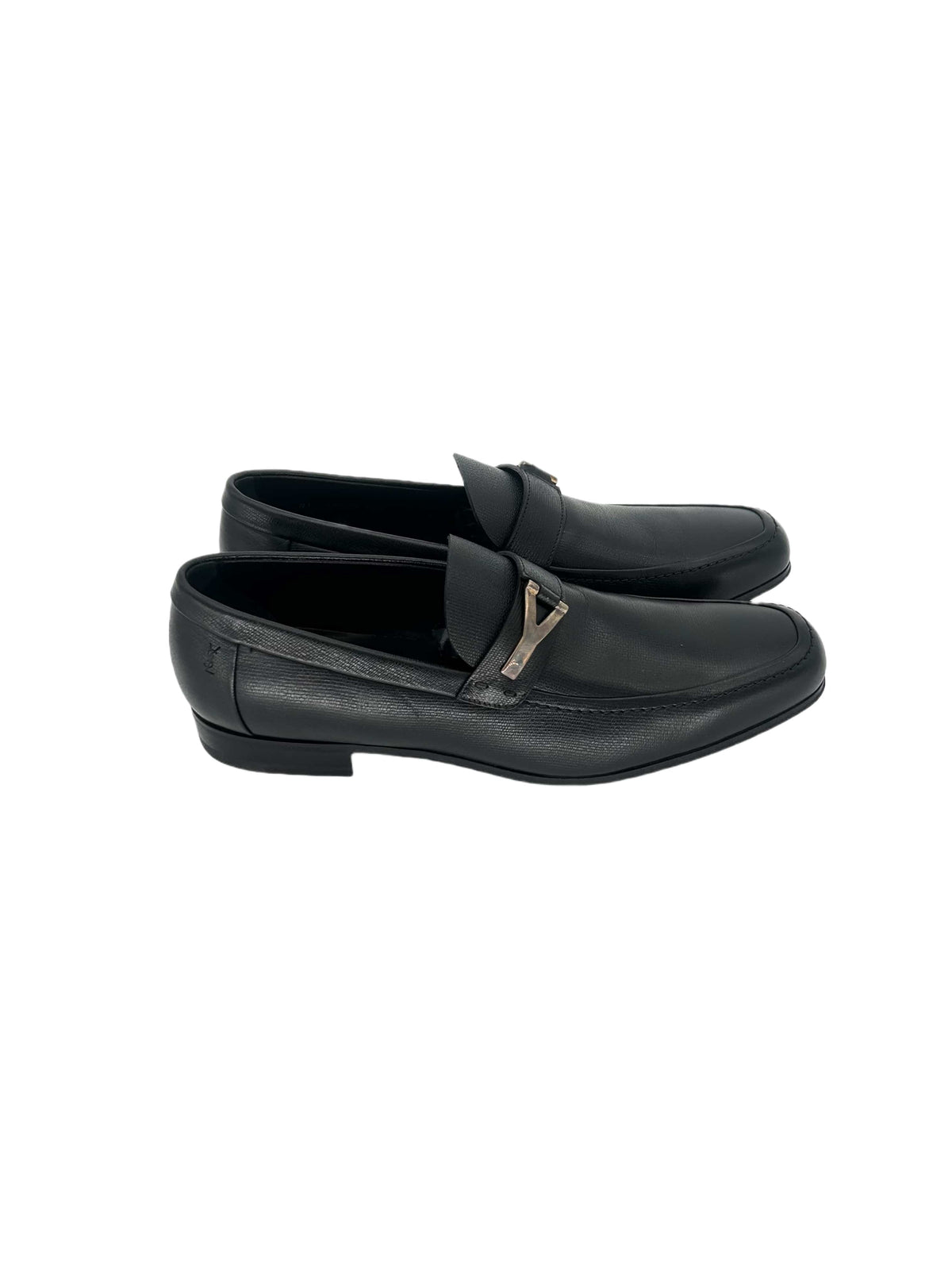 Yves Saint Laurent Black Grain Leather Moccasin With 'Y' Metal Logo