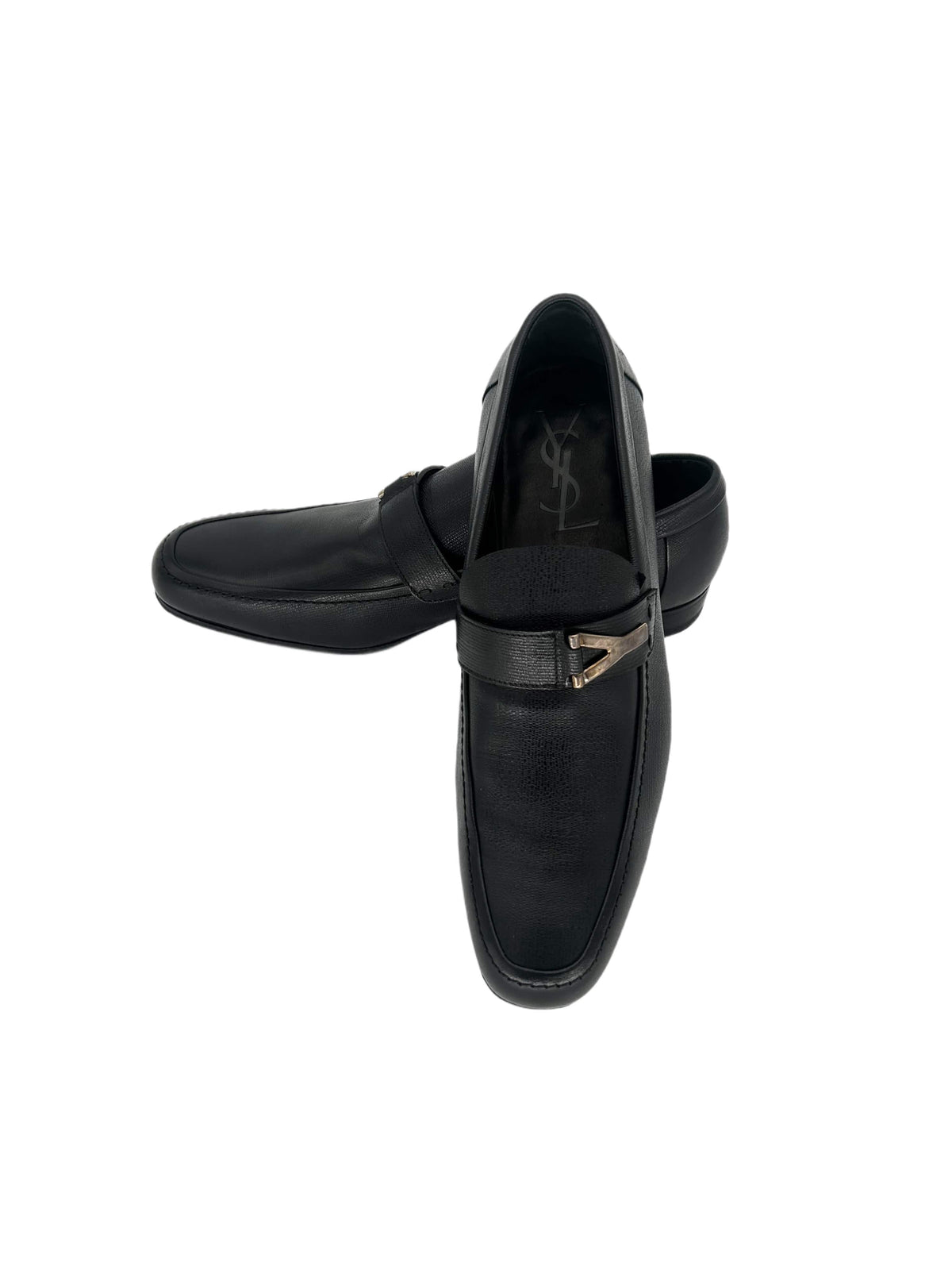 Yves Saint Laurent Black Grain Leather Moccasin With 'Y' Metal Logo