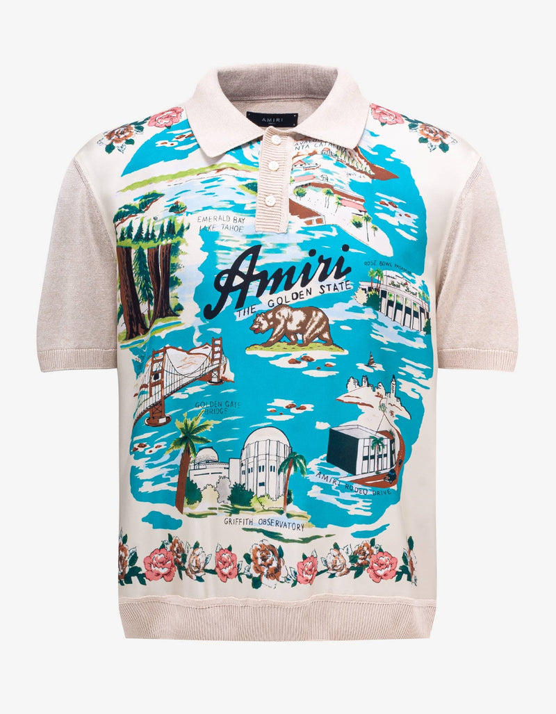 Amiri Beige Aloha Silk Polo T-Shirt
