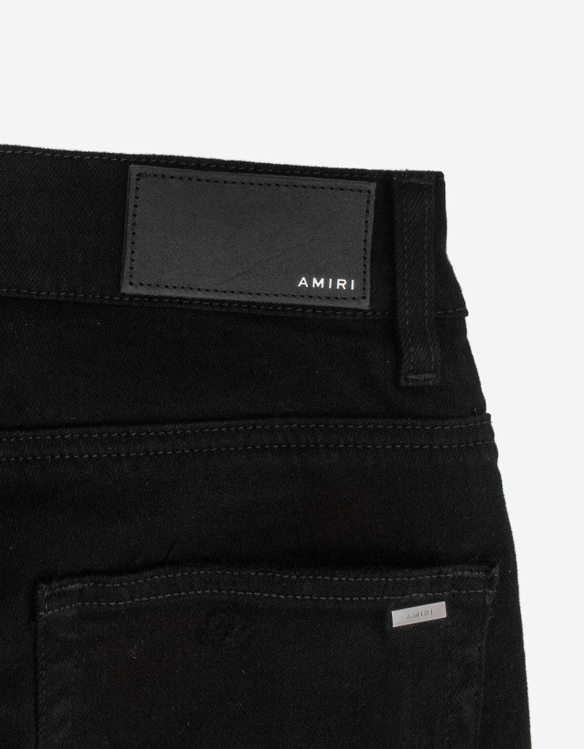 Amiri MX1 Black Leather Insert Distressed Skinny Jeans