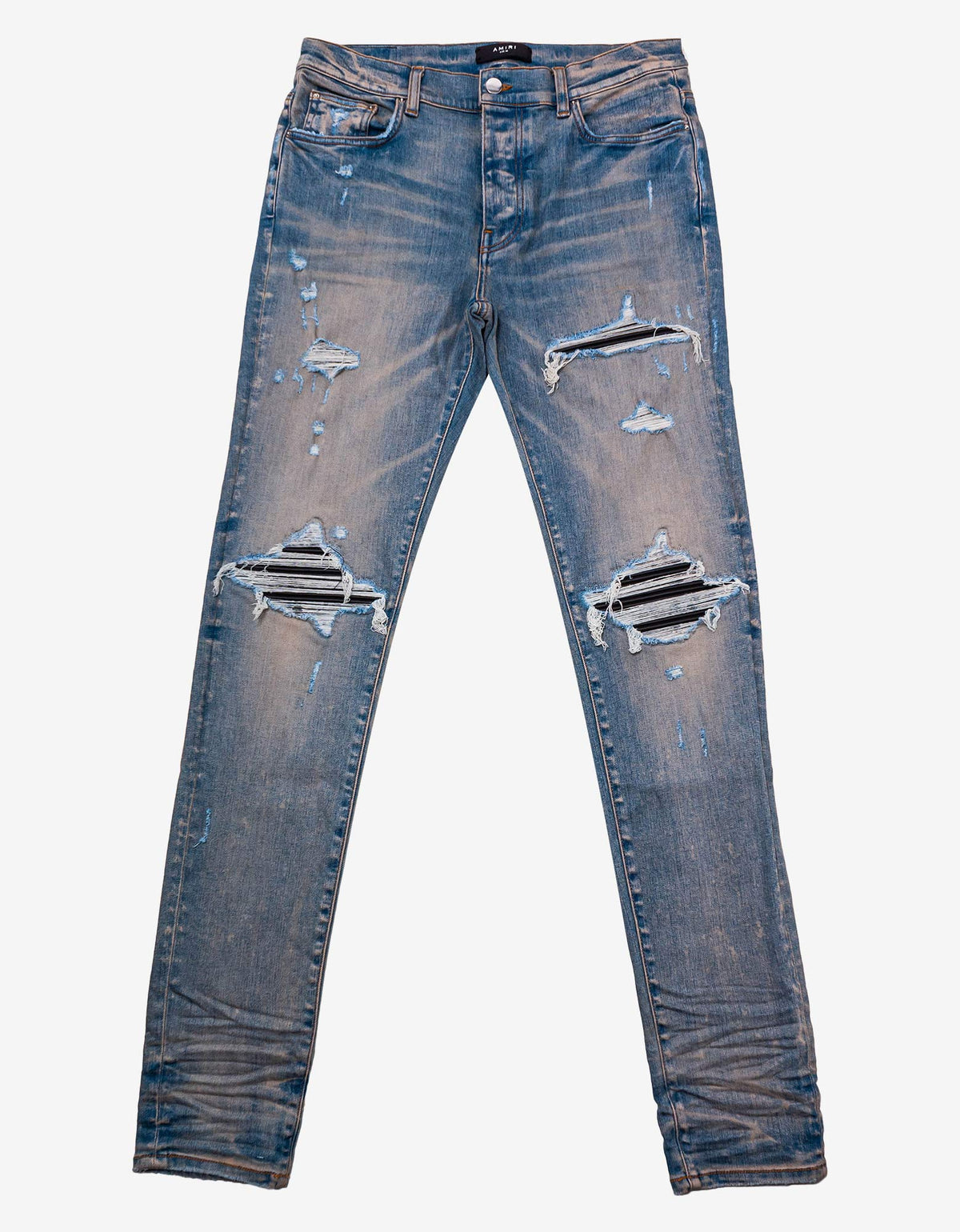 Amiri MX1 Clay Indigo Leather Insert Distressed Skinny Jeans