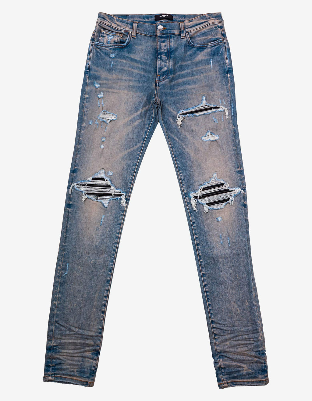 Amiri Amiri MX1 Clay Indigo Leather Insert Distressed Skinny Jeans