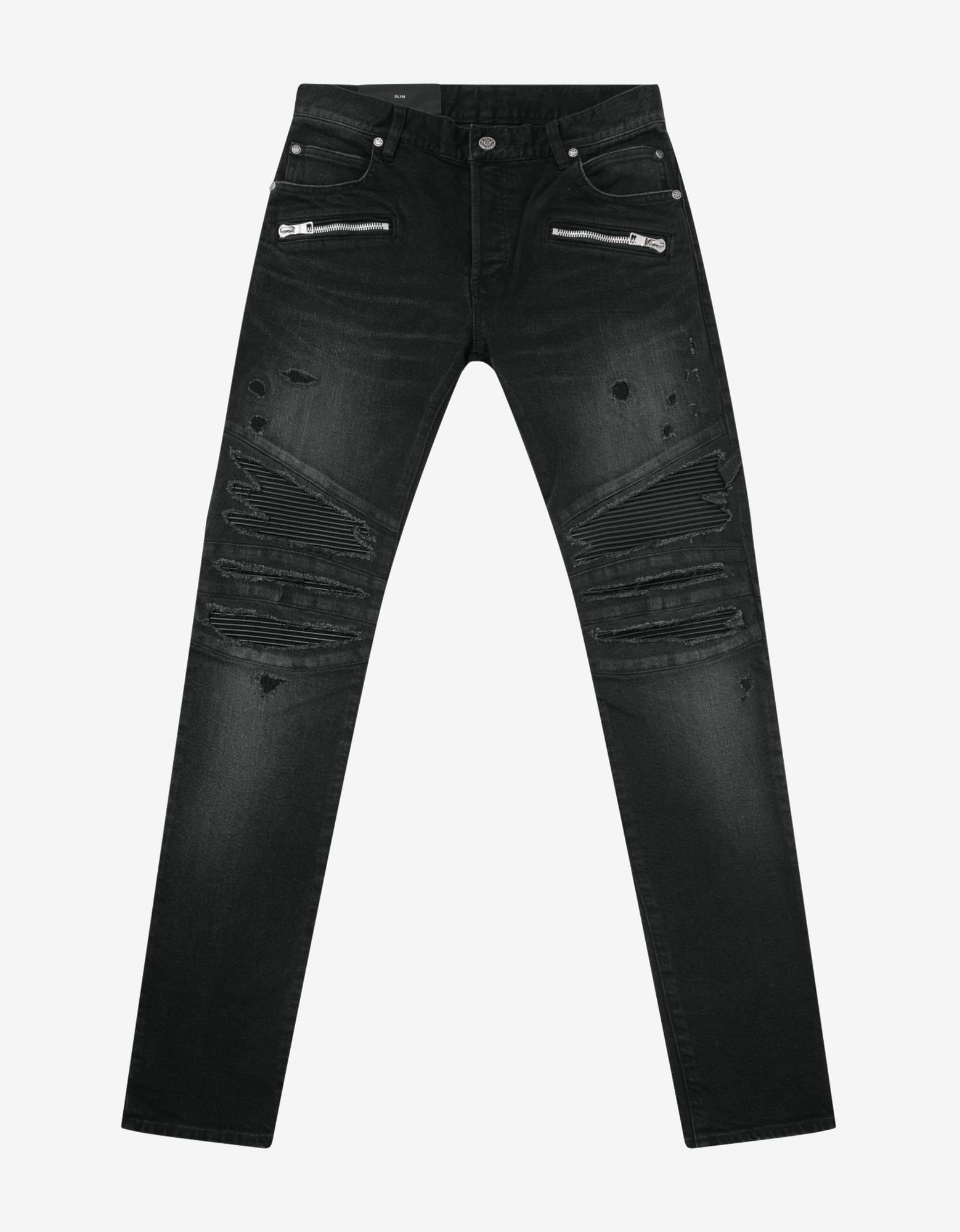 Balmain Black Ribbed Panel Destroyed Biker Jeans – ZOOFASHIONS.COM