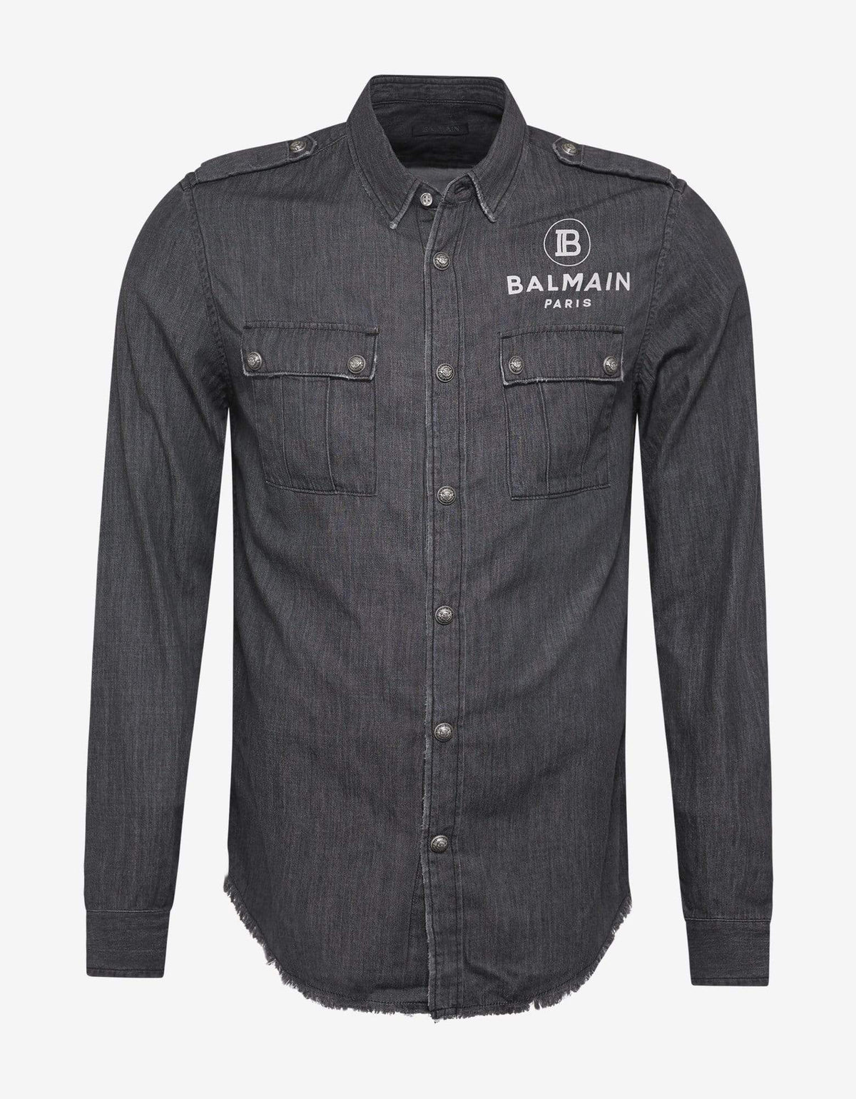 Balmain Grey Denim Logo Print Military Shirt