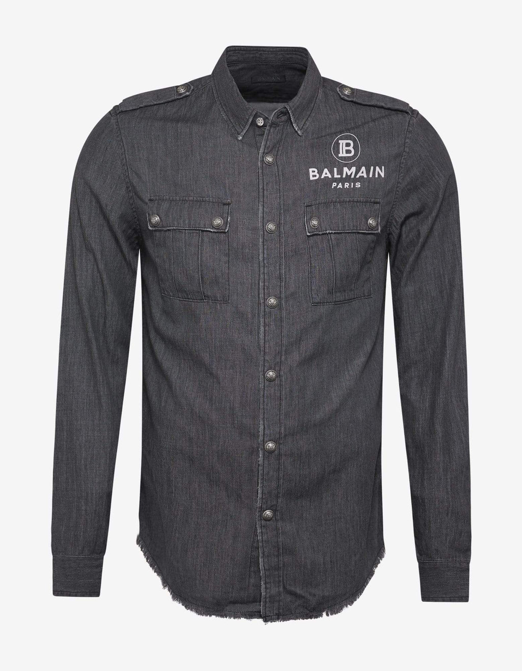 Balmain Balmain Grey Denim Logo Print Military Shirt