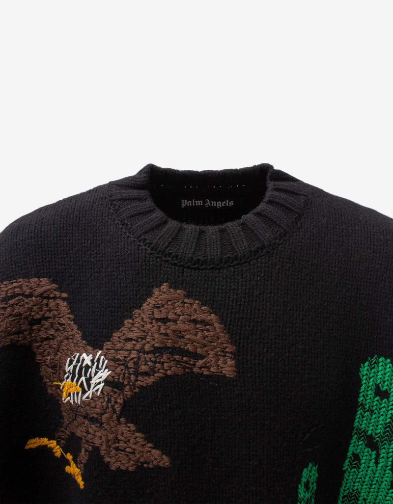 Palm Angels Black New Folk Embroidered Sweater