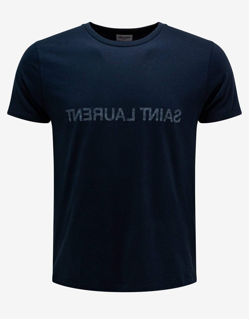 Saint Laurent Navy Blue Reverse Logo Print T-Shirt