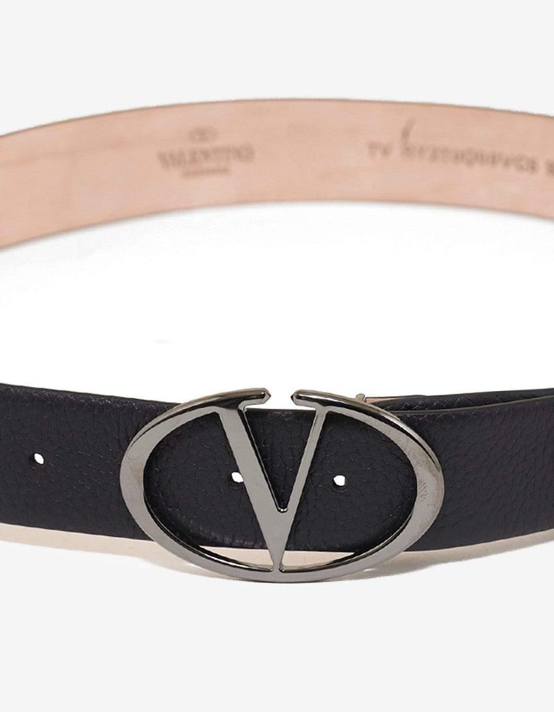 Valentino Garavani Black 'V' Buckle Grain Leather Belt