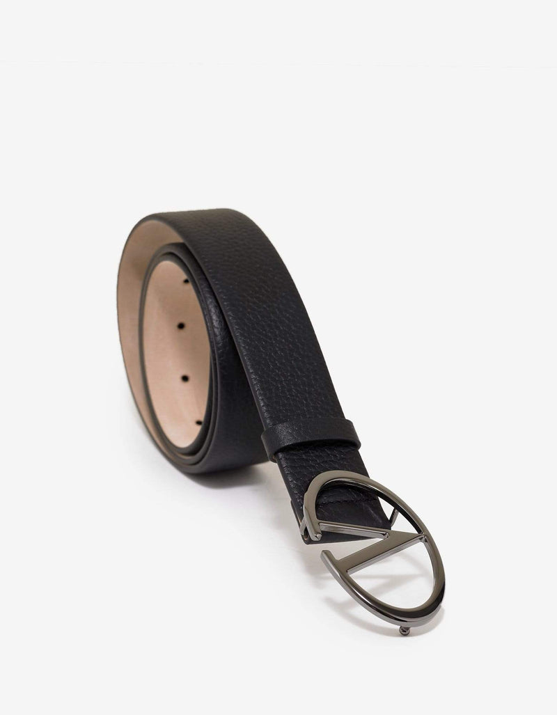 Valentino Garavani Black 'V' Buckle Grain Leather Belt