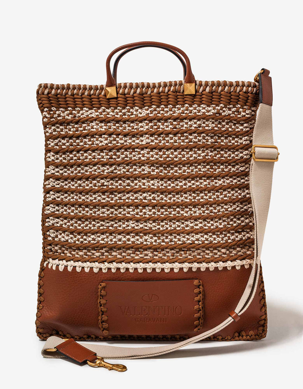 Valentino Garavani Valentino Garavani Brown Leather and Crochet Tote Bag