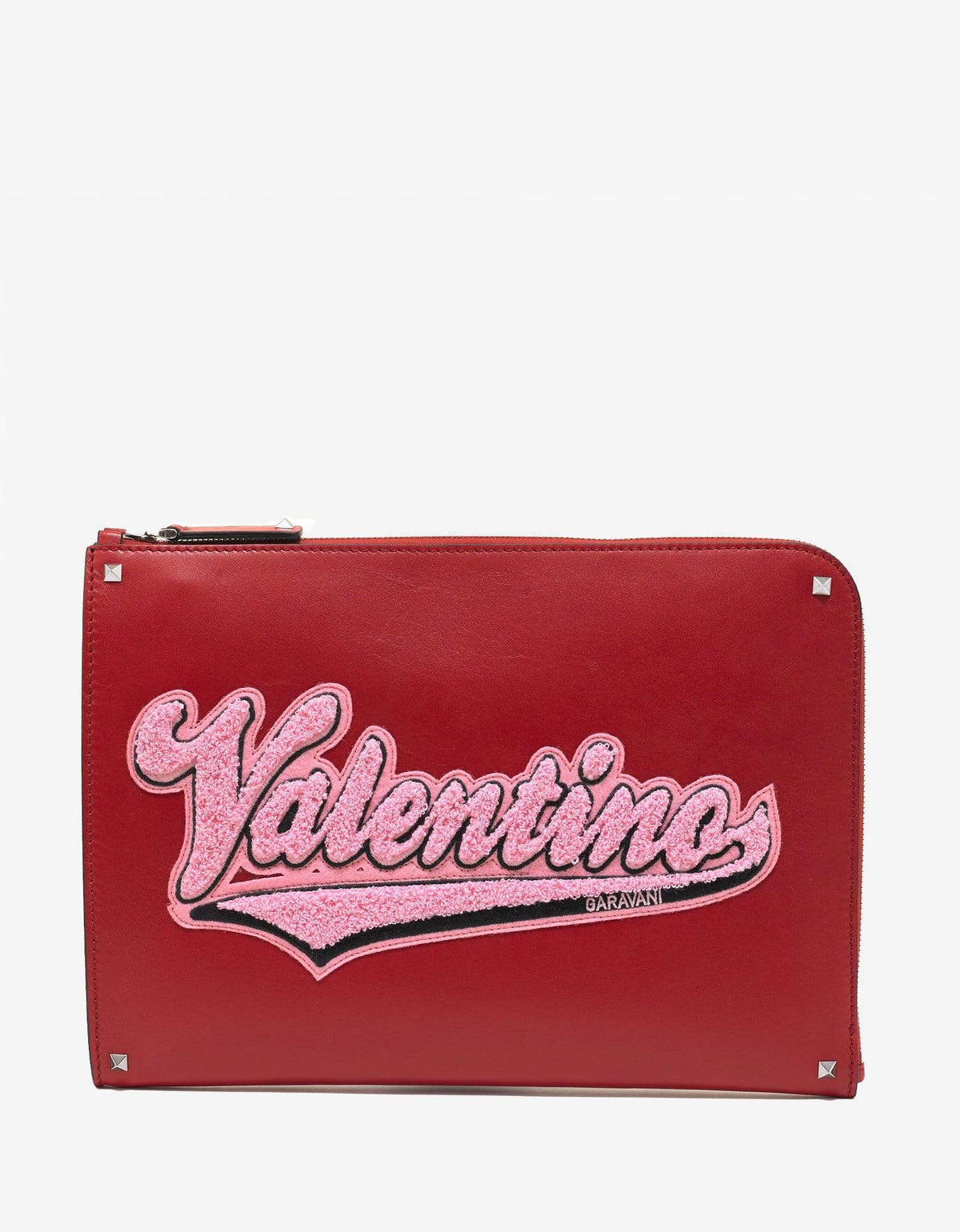 Valentino Garavani Red Leather Varsity Logo Document Holder