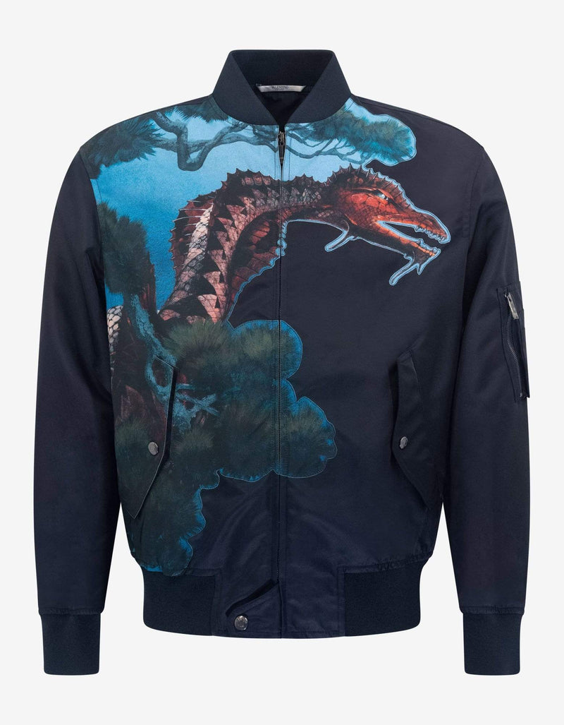 Valentino Navy Blue Dragons Garden Bomber Jacket