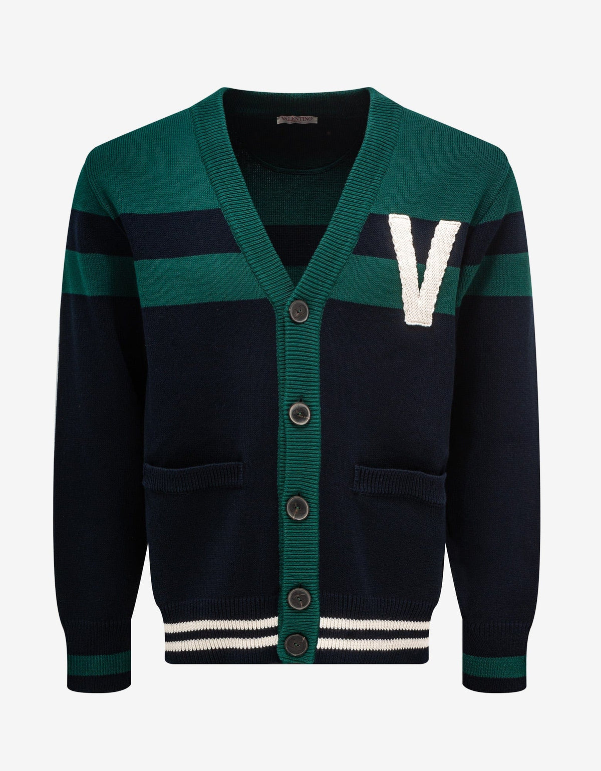 Valentino Navy Blue & Green V Logo Patch Cardigan