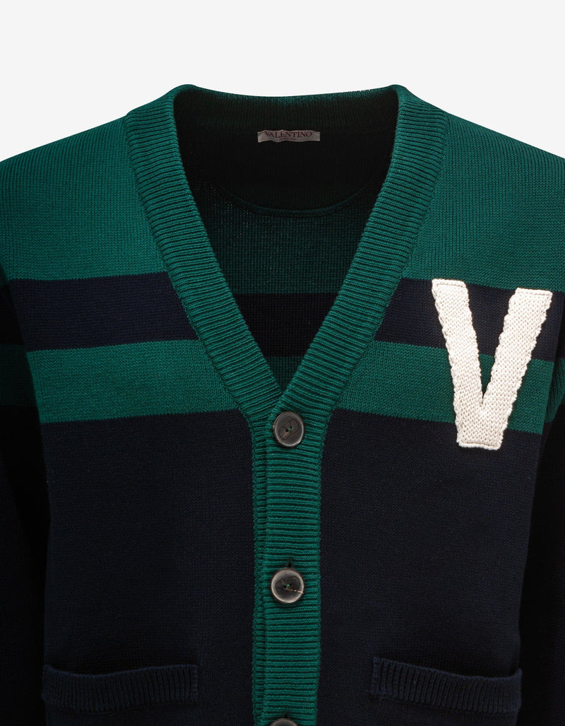 Valentino Navy Blue & Green V Logo Patch Cardigan