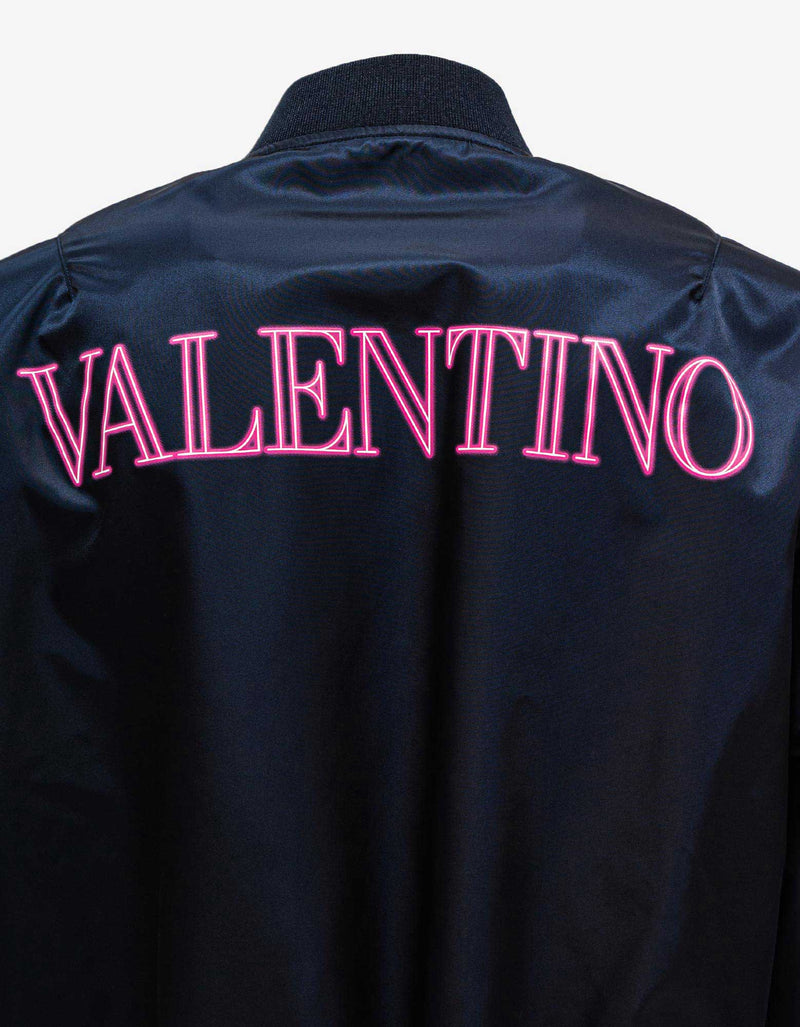 Valentino Navy Blue Neon Universe Logo Bomber Jacket