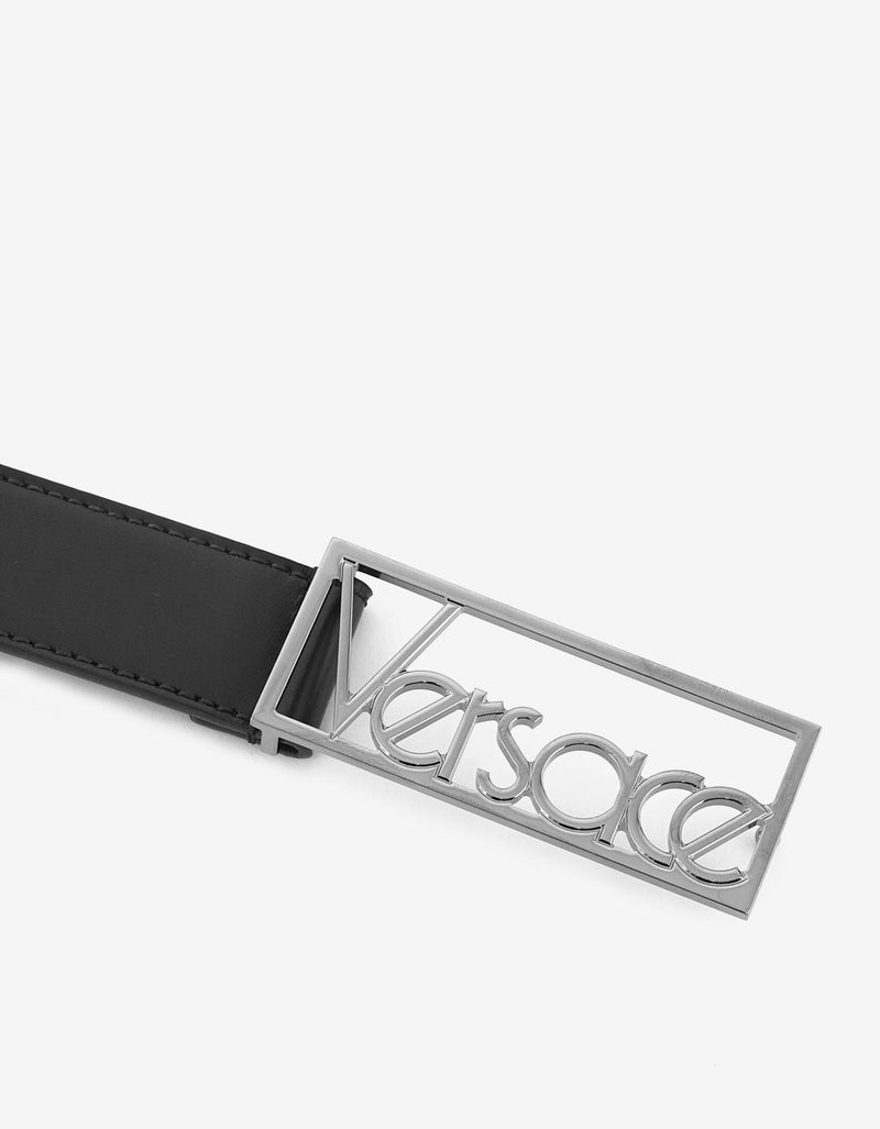 Versace Black Leather Belt with Silver Vintage Logo Buckle