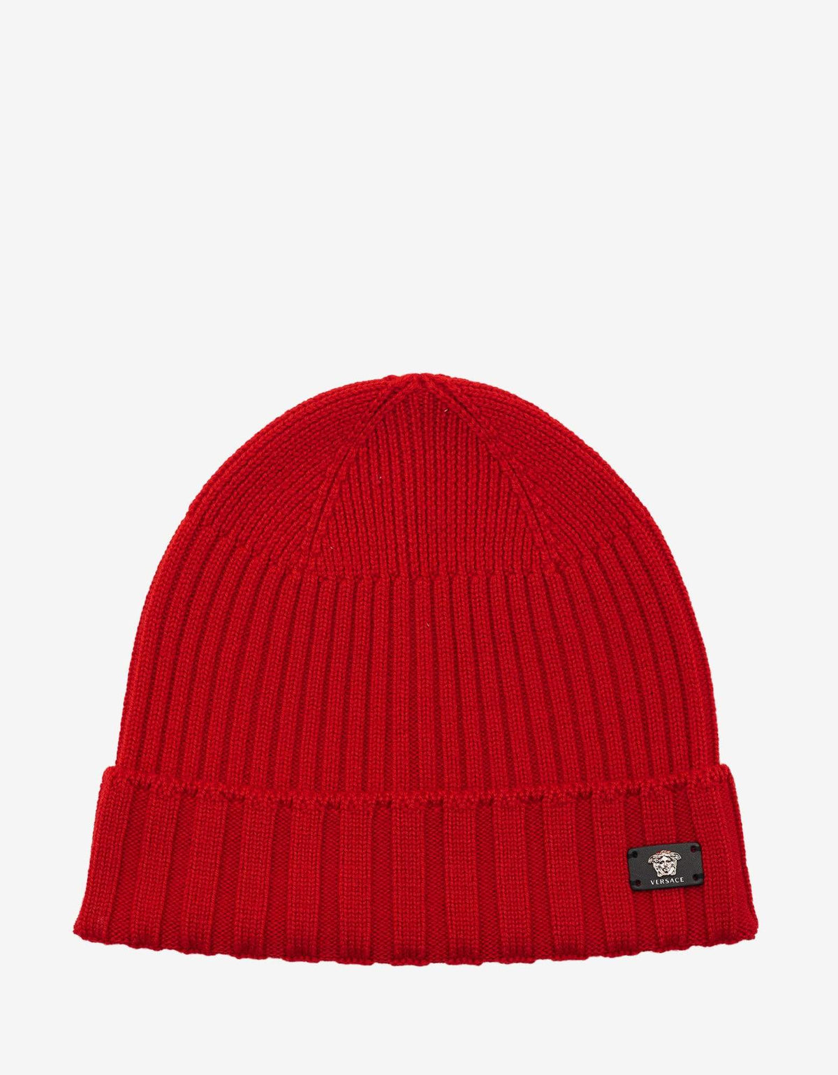 Versace Red Ribbed Wool Beanie Hat